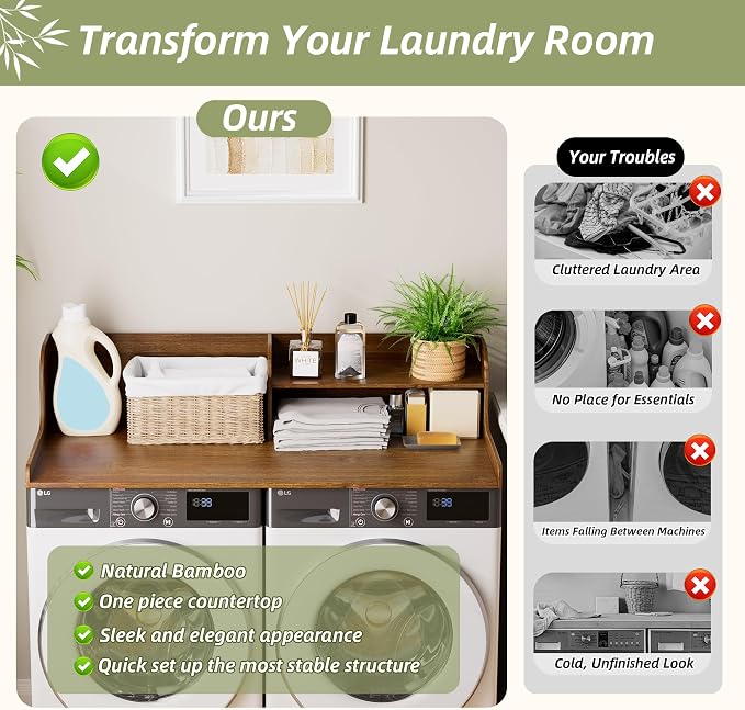 Washer Dryer Countertop with Shelf, 54" x 27.5" 2-Tier Bamboo Laundry Topper, Washer and Dryer Countertop for Laundry Room Organization with Edge Rails, Waterproof, Walnut