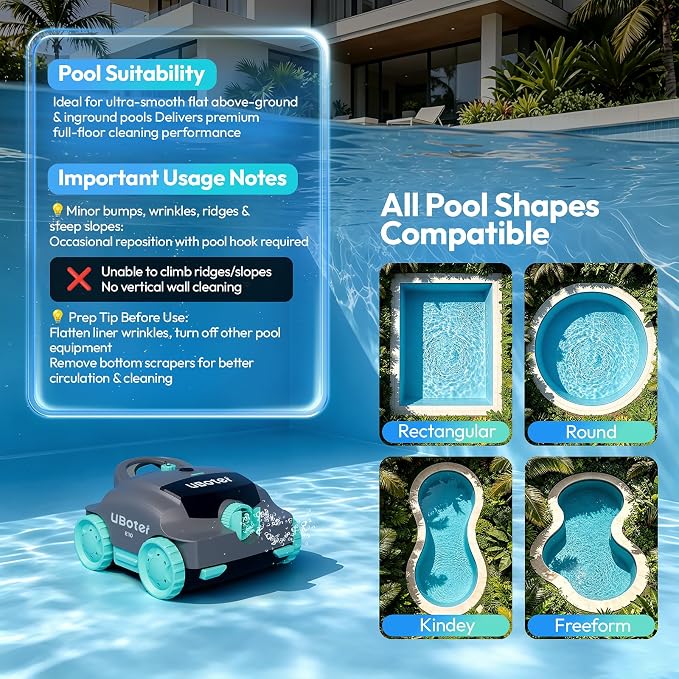 Cordless Robotic Pool Vacuum UBoter E10, Dual-Layer Filtration, Powerful Edge Corner Cleaning, 120–150 Mins Runtime, Auto Parking, No Debris Leakage, for Above Ground Flat Bottom Pools Up to 860 Sq.Ft