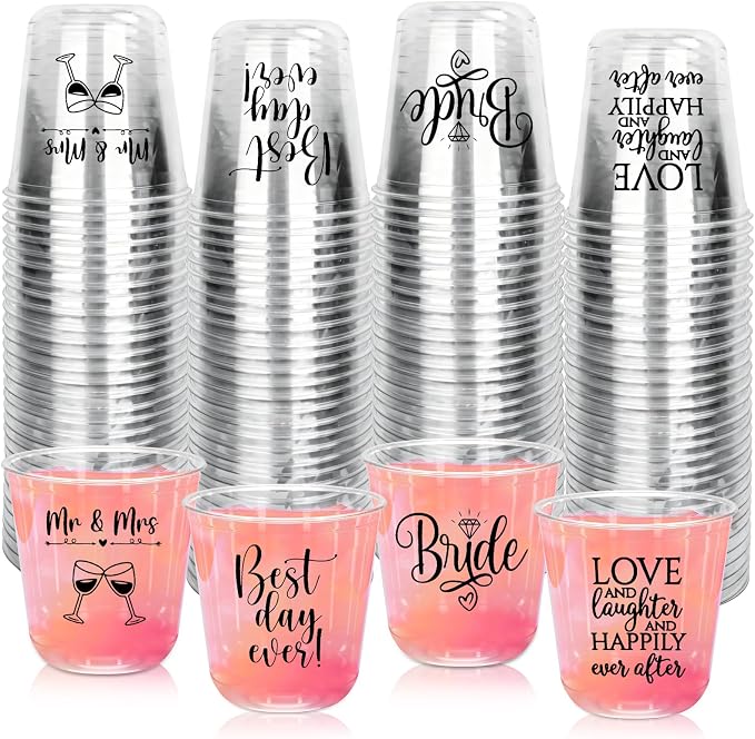 JarThenaAMCS 60Pcs Wedding Disposable Stemless Wine Glasses 12 oz Mr and Mrs Clear Plastic Cocktail Cup PET Drinkware Cups Set for Wedding Bridal Shower Party Supplies