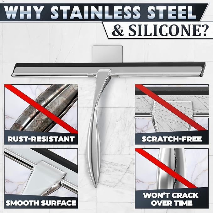 Shower Door Squeegee with Hook - 14" Silicone Blade, Stainless Steel Squeegee for Shower Glass with Adhesive Mount - All-Purpose Bathroom Tile, Mirror, & Window Wiper for Streak-Free Cleaning (Silver)
