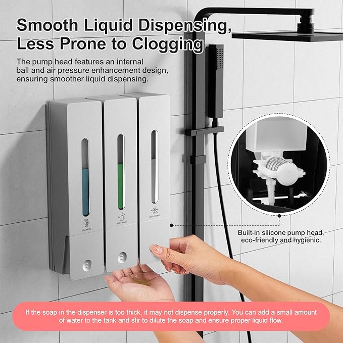 Shampoo and Conditioner Dispenser - Wall-Mounted 3-Chamber Shower Soap Dispenser, No-Drill, 1200ML Capacity, for Bathroom & Hotel
