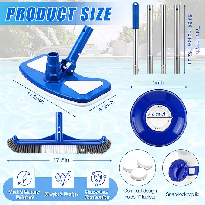 Potchen 6 Pcs Pool Cleaning Kit Include Vacuum Head, Skimmer Net, Brush Head, Telescoping Pole, Pool Chlorine Floater, and Test Strips for Above Ground Pools Hot Tubs Maintenance Tools(Round Vac)