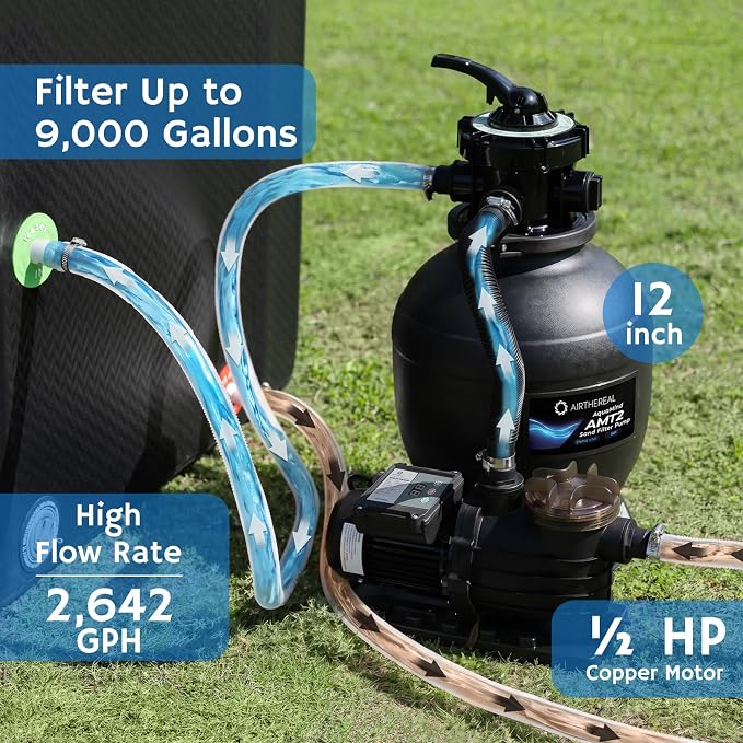 Airthereal AquaMind AM12 Sand Filter Pump for Above Ground Pool, 12" Pool Sand Filter System with Timer, ½ HP Motor, High-Flow 2,642 GPH, 7-Way Valve, Reliable Motor for Pools Up to 9,000 Gallons
