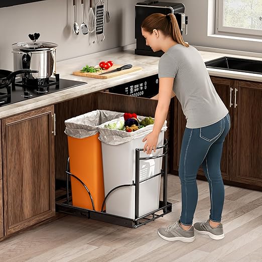 ANASTA Dual Pull Out Trash Can Under Cabinet Rack-No Can Included, Under Sink Trash Can Pull Out Holds Double 7-9 Gal/35 Qt*2 Commercial Garbage Can Recycle Bin, Minimum Cabinet Size≥16''W 17''H 22"D