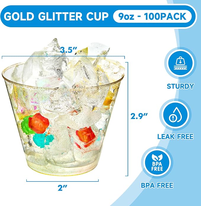 RACETOP 9 oz 100 Pack Gold Glitter Plastic Cups, Disposable Gold Glitter Clear Plastic Cups for Parties, Gatherings, Weddings, and Festival Events