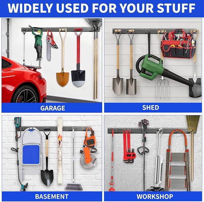 Shed Tool Organizer Wall Mount, 64inch Heavy Duty Garden Tool organizer Storage System, Easy Install With 10 Adjustable Hooks, For Garage, Basement, Shed, Workshop(Black)