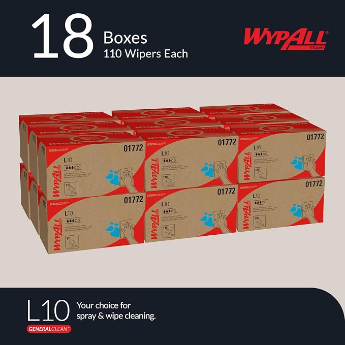 WypAll GeneralClean L10 Cloths Light Cleaning Wipes (01772), Pop-Up Box, Dairy Towels, Bulk Paper Wipers, White (18 Packs of 110 Sheets, 1,980 Sheet Total)