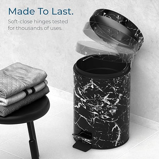 Sanilo Small Bathroom Trash Can with Lid [1.3 Gallon] - Lidded Tiny Trashcan for Garbage - Mini Metal Bin with Soft Closing Mechanism - Bath Room Accessoire Wastebin with Inner Bucket (Marble Black)