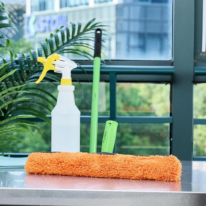 Restaurantware-Clean Tek Professional Window Washer Strip, 1 Window Scrubber with T-Bar Handle - Machine Washable, No-Streak Cleaning, Orange Microfiber Washer for Glass Door, Home Or Commercial Use