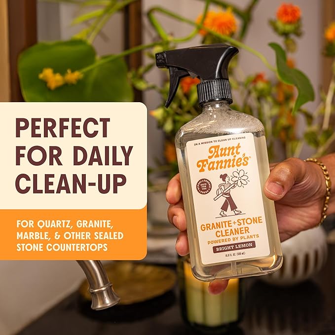 Aunt Fannie's Granite and Stone Cleaner, Plant Based Daily Countertop Spray for Marble, Soapstone, Quartz, Slate, Laminate, and other Sealed Stone, Bright Lemon Scent, Pack of 6