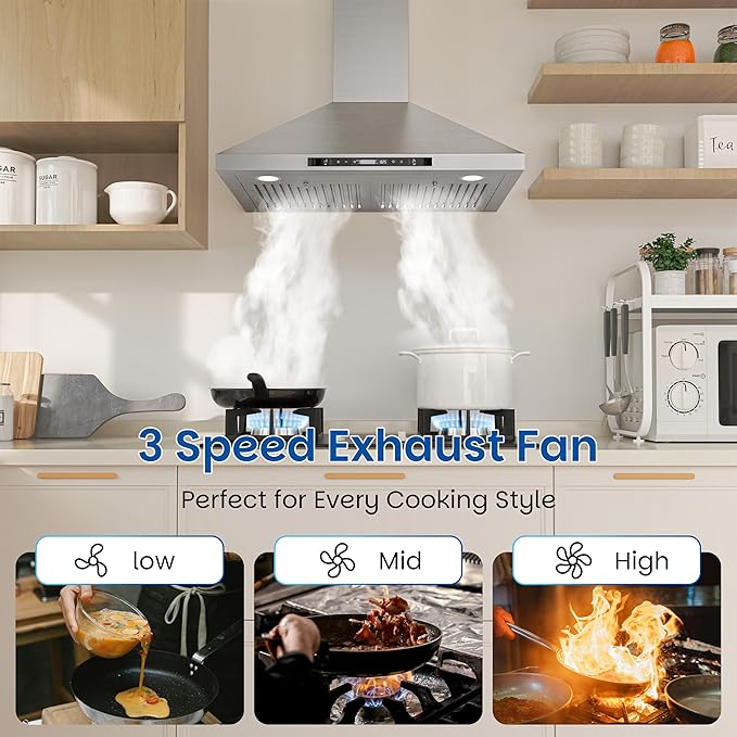 FIREGAS Wall Mount Range Hood 30 Inch, 900 CFM Ducted Kitchen Hood 3-Speed Exhaust Fan, Gesture/Touch Control, Timer, 2 Baffle Filters, Stainless Steel Stove Vent Hood