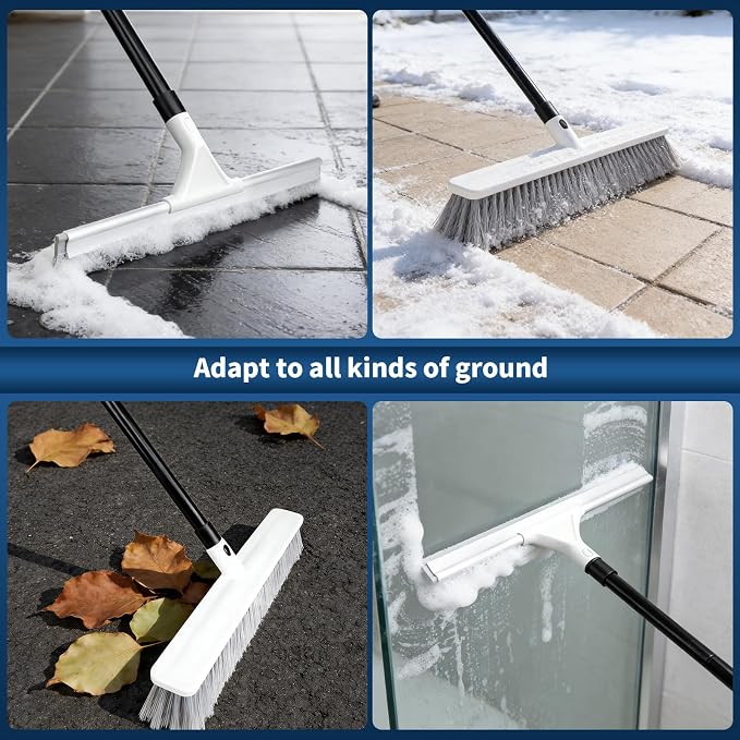 Heavy Duty Push Broom Outdoor & Rubber Floor Squeegee Set with 63 Inch Extra Long Telescoping Handle, Deck Brush, Concrete, Garage & Shop Broom, Squeegee for Floor, Tile & Glass