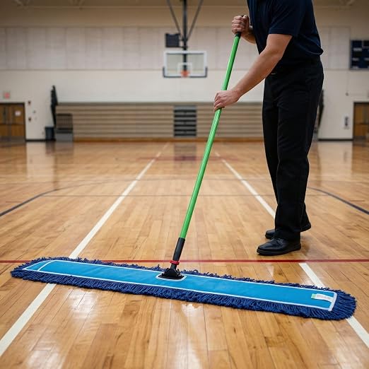 Restaurantware-Clean Tek Professional 48.03 x 5 Inch Dry Floor Mop, 1 Reusable Dust Mop - 64-Inch Handle, Secure Attachment, Blue Cotton-Poly, Machine Washable, for Cleaning Home Or Office
