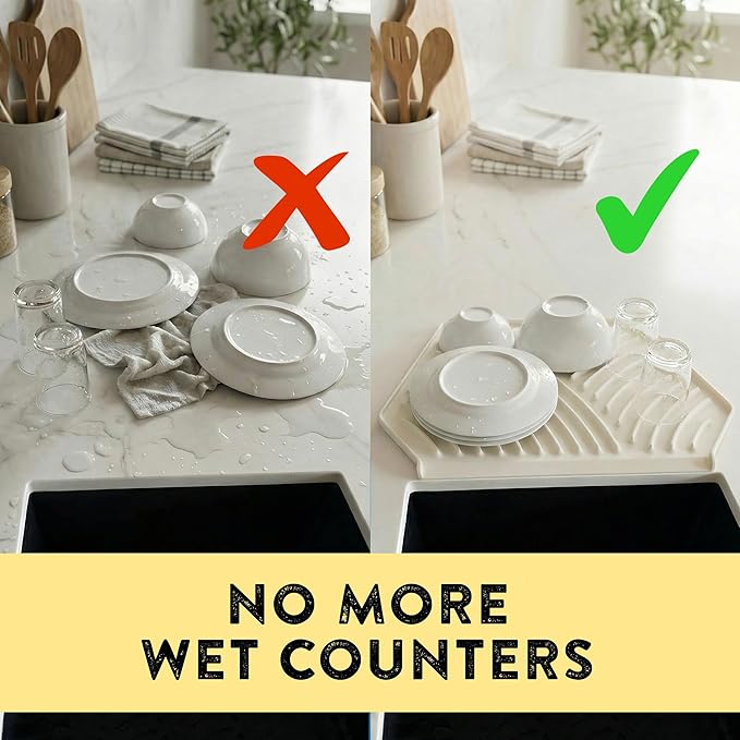 Silicone Dish Drying Mat with Drain, Self-Draining, Heat Resistant & Non-Slip Kitchen Counter Mat, Easy to Clean, Reusable, 19.3'' x 13'', Greige
