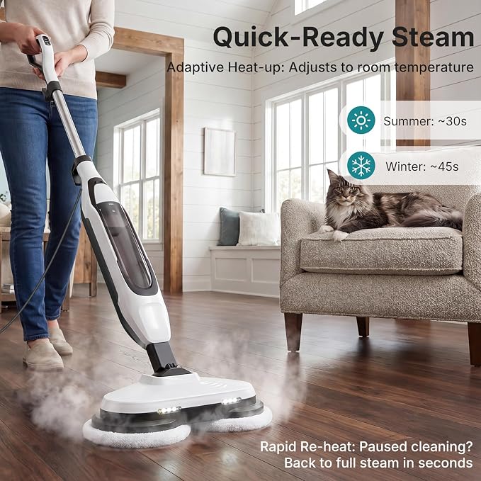 OLIXIS Steam Mop, All-in-One Scrubbing Steam Mops for Floor Cleaning with Rotating Pads, Floor Steamer with 2 LED Lights, 4 Cleaning Modes, Swivel Steering, 16.4 FT Cord, Safe for Hardwood and Tile