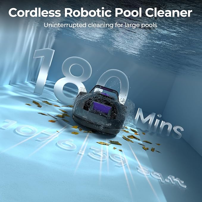 Robotic Pool Cleaner with Dual-Drive Motors,180Min Runtime, Powerful Pool Vacuum for Above-Ground & Flat Poolsu p to 1076.39 sq.ft,Auto-Parking Design,Double Suction Port
