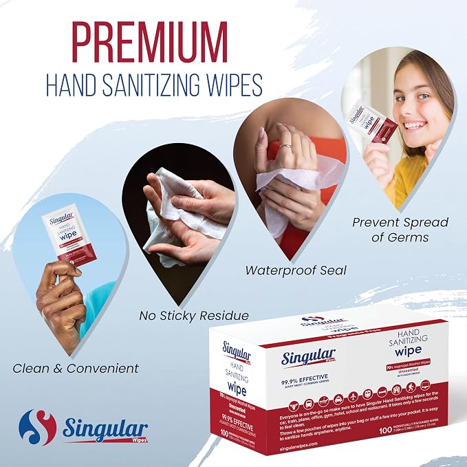 Hand Sanitizing Wipes Travel Size by Singular Wipes –100ct Individually Wrapped | Fragrance-Free, Moisturizing, 70% Isopropyl Alcohol Wipes | Travel, Home, Office, Daily Use