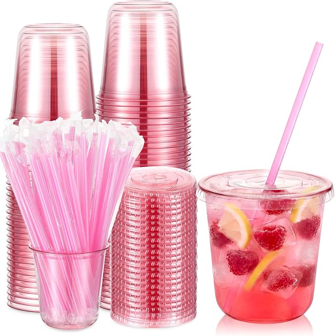 Ziliny 50 Sets Clear Round Bottom Plastic Cups with Lids and Straws, Cute Disposable Drinking Coffee Cups, for Christmas Valentine's Galentine's Day Party Wedding Birthday Supplies (12oz,Pink)