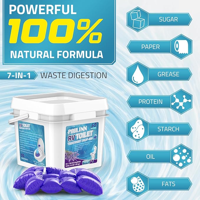 PAULINN RV Toilet Treatment Drop Ins, 50 Packs Septic Tank Treatment Pods Holding Tank Deodorizer for RV Black & Grey Water Tank Camper Marine Boat Camping, Lavender