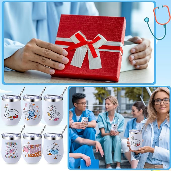 LemonRoad 6 Pcs Funny Silly Goose Nurse Tumbler 12 oz Insulated Stainless Steel Travel Mug with Lid and Straw Rn Graduation Gift New Grad Nurse Appreciation for Women Men Student Nursing Class