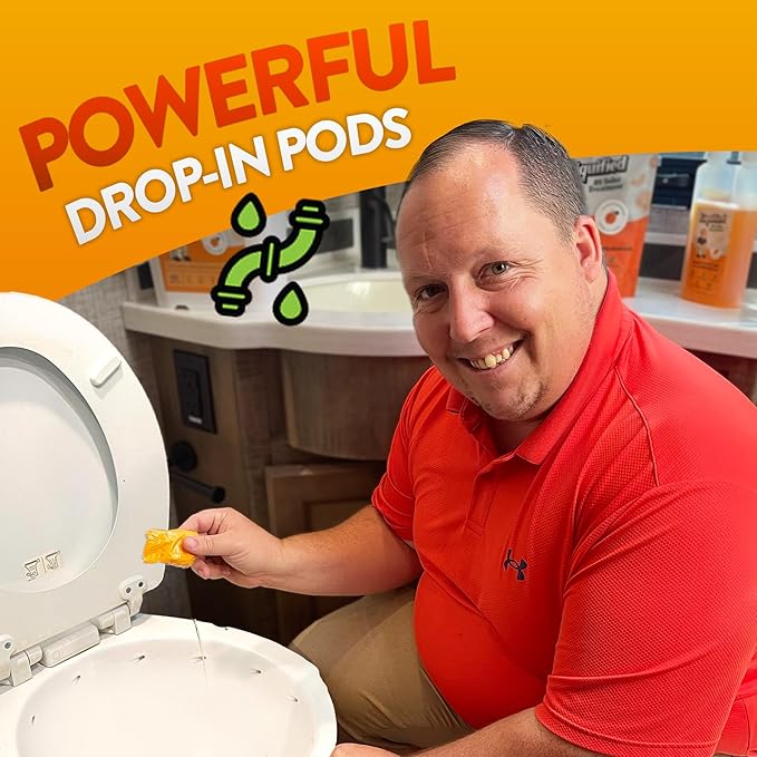 Liquified RV Toilet Treatment Drop-Ins - Prevents Tank Odors - Breaks Down Waste and Tissue - Septic Tank Safe - Matts RV Reviews - Orange Scent - 60 Treatments (60 1oz pods)