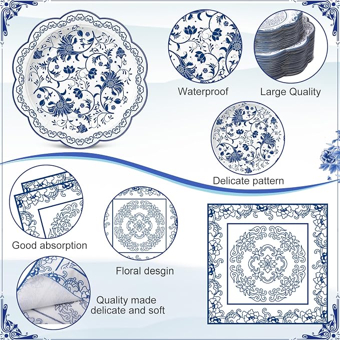 Pickmesh 250 Pcs Chinoiserie Party Supplies Decorations Blue and White Porcelain Disposable Paper Plates Napkins and Cups for Blue White Floral Baby Shower Birthday Wedding Tea Party, Serve 50
