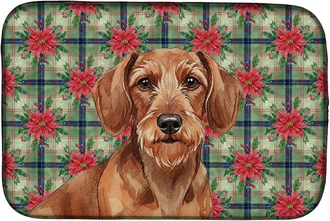 Caroline's Treasures Wirehaired Red Dachshund Christmas PoinsettIas Dish Drying Mat Absorbent Dish Drying Mat Pad for Kitchen Counter Dish Drainer Mat for Countertop, 14 x 21", Multicolor