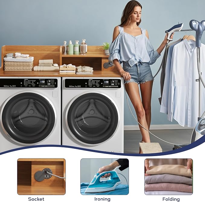 DTK Washer Dryer Countertop with Charging Station, 2 Tier Laundry Countertop with Anti-Slip Strips, 27.55" Depth x 54" Width, Wood Dryer Cover with Shelf, Maple