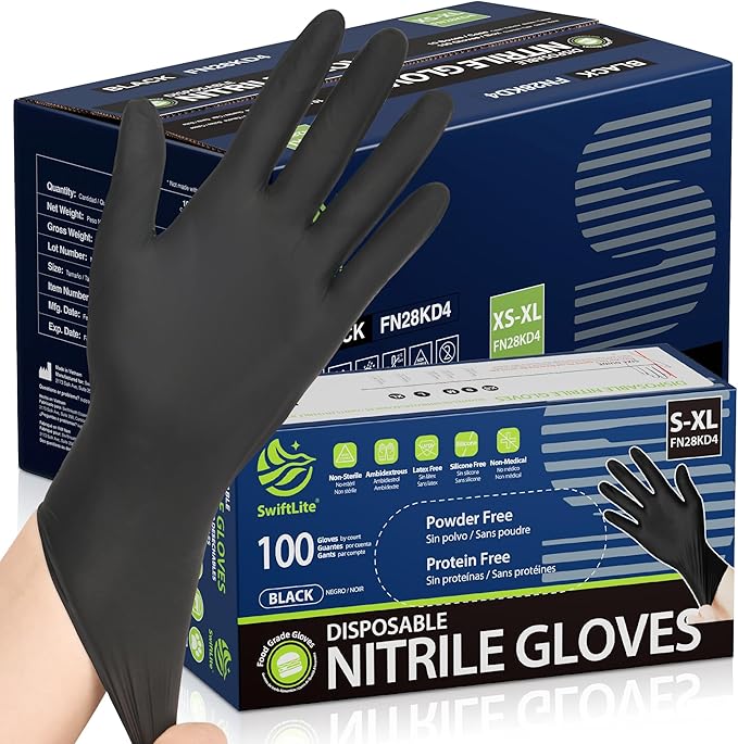 SWIFTLITE Black Nitrile Gloves, Food Safe Disposable Gloves Latex Free, Rubber Gloves Powder Free for Cooking, Kitchen Clean