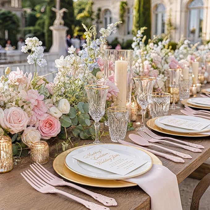 WDF 120 Pieces Heavy Duty Pink Plastic Cutlery Set - Disposable Utensils - Disposable Flatware Includes 40 Forks, 40 Spoons, 40 Knives for Party Baby Shower Wedding Spring