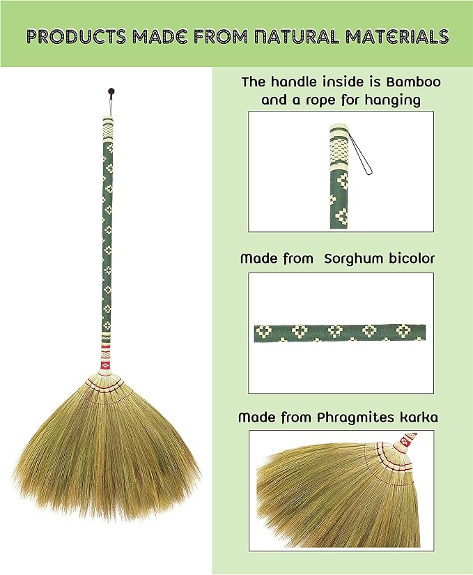 Natural Grass Thai Broom for Sweeping Vintage Retro, Handmade Broom,Witch Broom,Durable Broom for Indoor & Outdoor,Broomstick Bamboo Stick Long Handle (Turquoise)