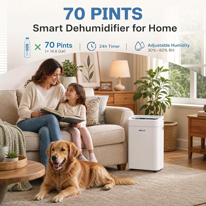 AIRPLUS 4500 Sq. Ft Dehumidifier for Basement, 70 Pints Dehumidifiers for Home with Drain Hose, Continuous Drainage, Intelligent Humidistat, Multifunctional Dehumidifier for bathroom, bedroom