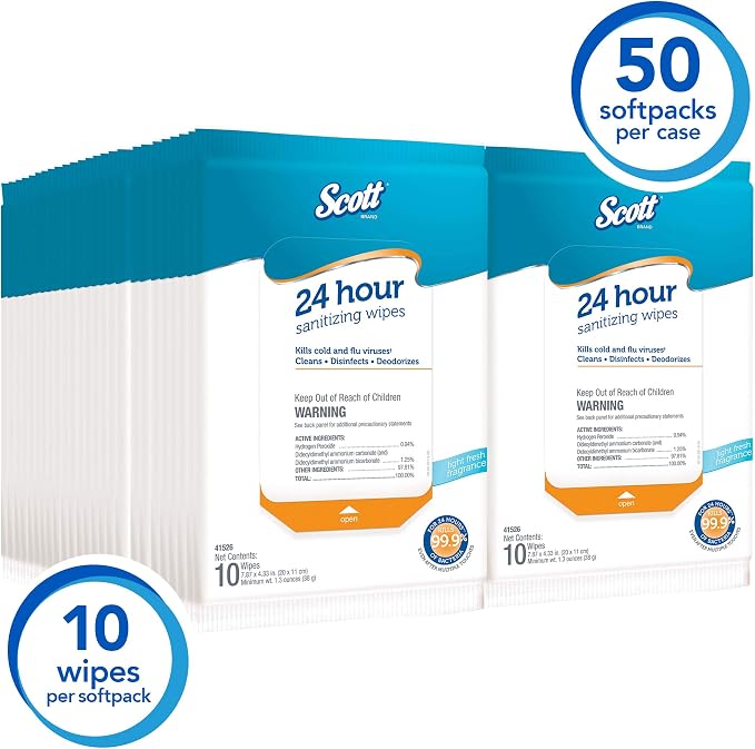 Scott 24 Hour Sanitizing Wipes – Multi-Surface Cleaning & Disinfecting, Continuous Sanitization for 24 Hours – (41526), 50 Packs x 10, 500 Wipes
