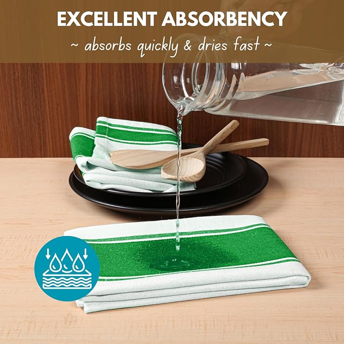 Native Fab Green Kitchen Towels 18 x 28 Inch, 6 Pack, Wide Stripe, Super Absorbent, Fast Dry, Soft, Cotton Dish Towels for Wiping Hands, Drying Dishes, Counter Cleaning Dish Cloth Set - Green