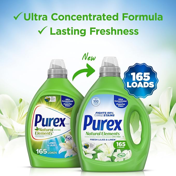 Purex Natural Elements Fresh Lilies & Linen Liquid Detergent, 82.5 oz, 165 Loads, Ultra-Concentrated, Dye-Free, USDA Certified Biobased Product