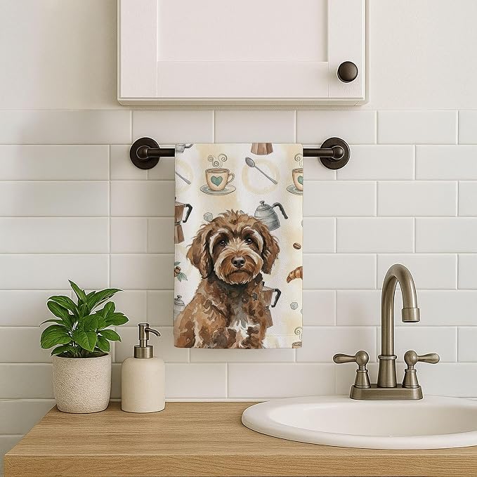 Caroline's Treasures Brown Portuguese Water Dog Coffee Bar Kitchen Towel Velour Plush Front and Cotton Loop Back Machine Washable