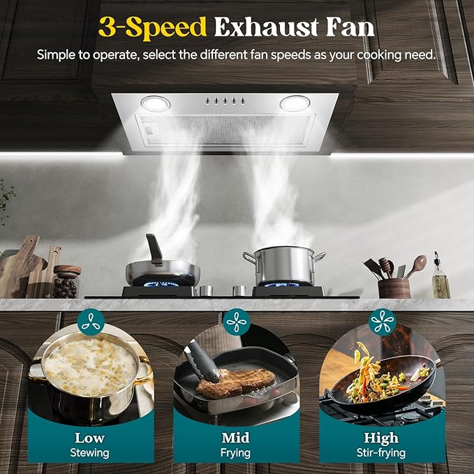Range Hood Insert 20 Inch, Built-in Kitchen Hood 600CFM, Ducted/Ductless Convertible, Vent Hood Insert w/Mesh Filter, Push Button Control, Stainless Steel Range Hood w/ 3 Speed Fan