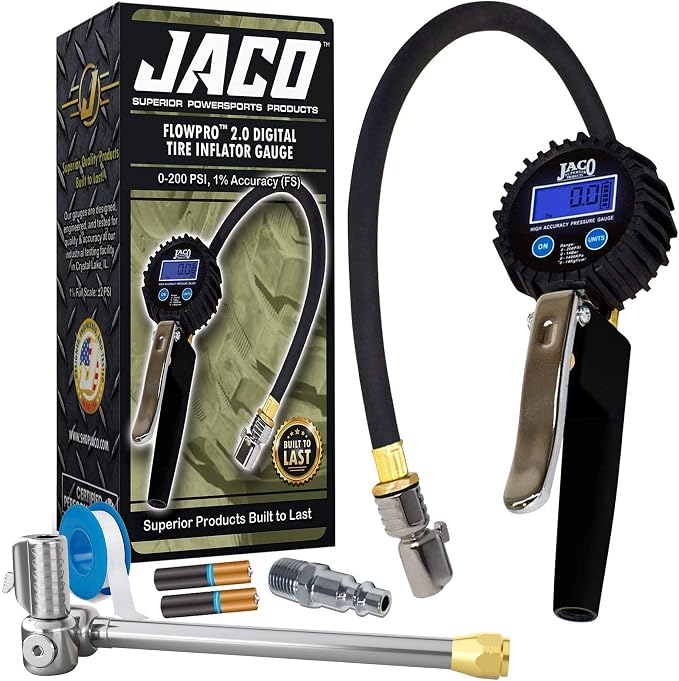 JACO Superior Products FlowPro 2.0 Digital Tire Inflator Gauge (200 PSI) with Add-on Lightning T-Series Dually Air Chuck