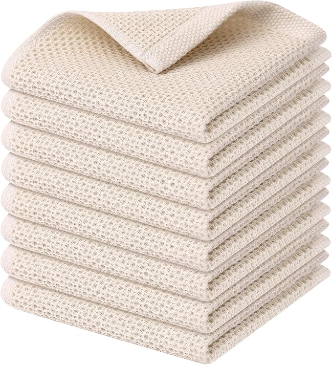 Kitinjoy 100% Cotton Kitchen Dish Cloths (12 X 12 Inches, Beige), 8 Pack Waffle Weave Ultra Soft Absorbent Dish Towels for Drying Dishes Quick Drying Kitchen Towels Dish Rags