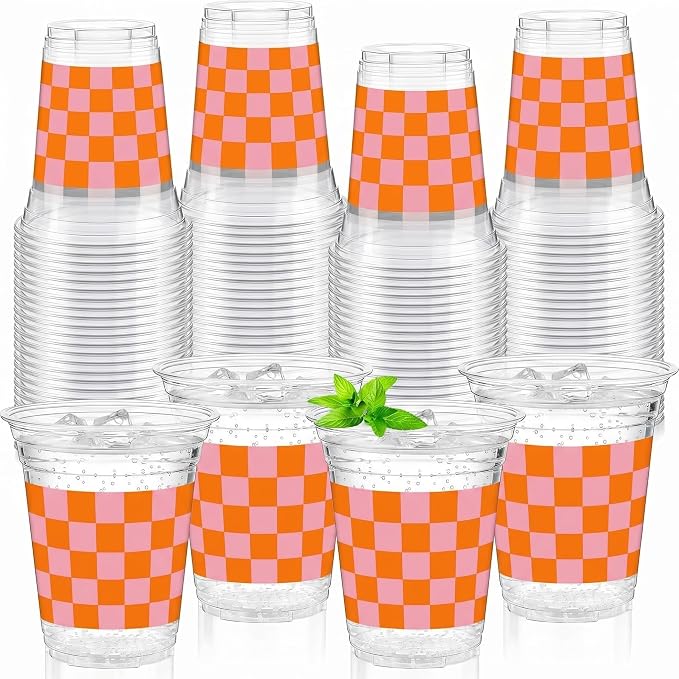Qinyoung Checkered Plastic Cups 12oz Gingham Party Disposable Cups Bulk Drinking Cup for Cold Drinks Baby Shower Wedding Summer Birthday Party Supplies(Pink and Orange,50 Pcs)