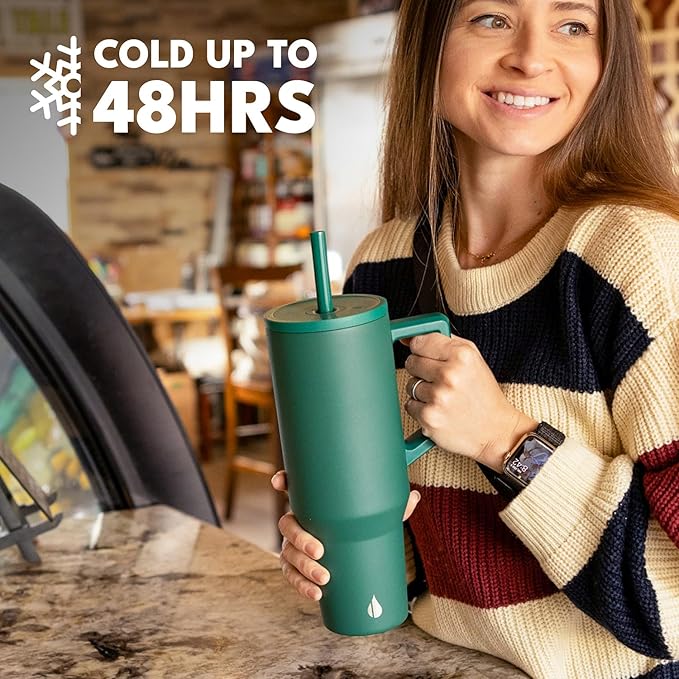 Elemental 40 oz Tumbler with Handle and Straw - Spill Proof Insulated Stainless Steel Commuter for Cold Beverages - Travel Coffee Mug with 2 Straws & Spill Proof Lid - 40oz - Forest Green