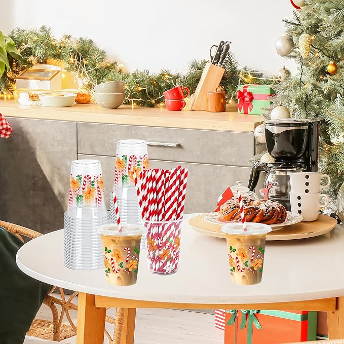 Whaline 50Pcs Christmas Plastic Cups with Lids & Straws 12oz Gingerbread Man Candy Cane Disposable Clear Drinking Cups for Xmas Home Party Supplies