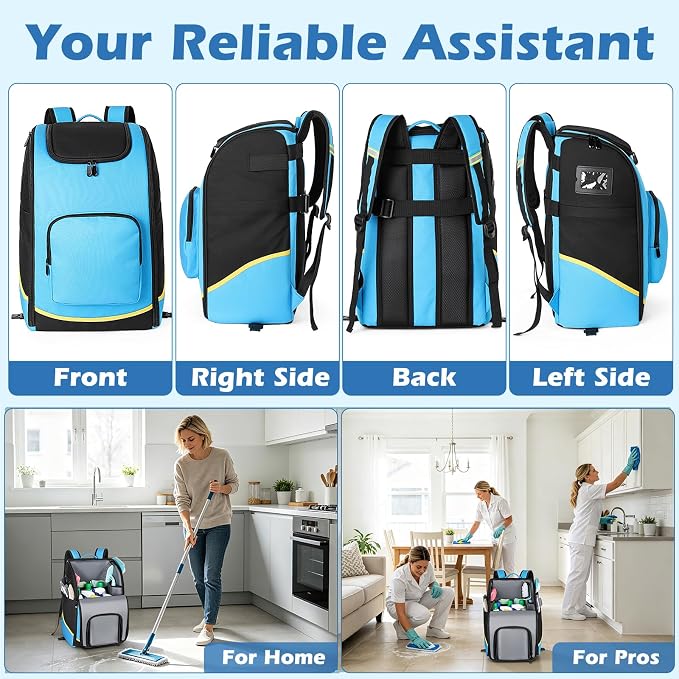 Rolling Cleaning Caddy Bag with Wheels, Large Cleaning Supplies Organizer Backpack with Detachable Trolley and Cleaning Apron for Housekeepers, Home, Hotel & Car Detailing