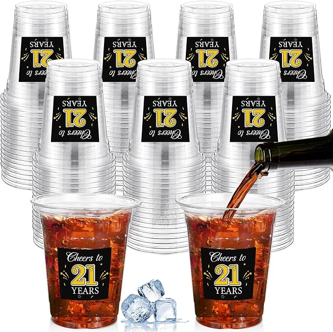 Funnymoom 100 Pack 21th Birthday Cup 12 oz Cheers to 21 Years Happy Birthday Disposable Clear Plastic Cups for Him Men Women Wedding Anniversary Decorations Party Favors