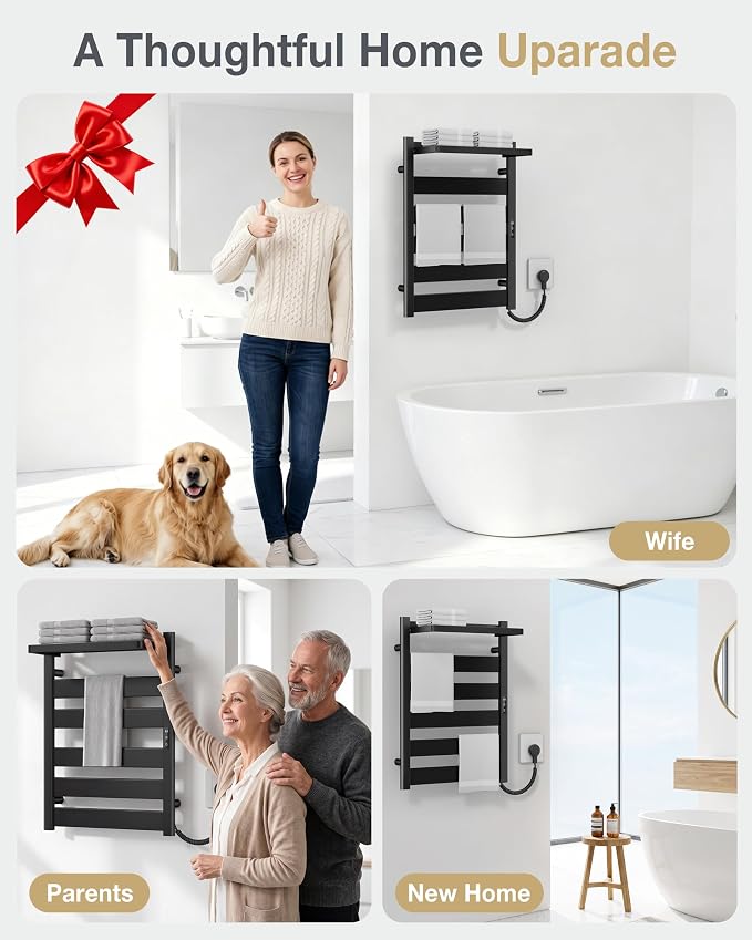 Heated Towel Rack for Bathroom, Wall Mounted Towel Warmer with Top Shelf, Fast PTC Heating in 6 Minutes, 4 Temperature Levels 110–170°F, 2–12H Timer, Space Aluminum Electric Towel Warmer Rack, 350W