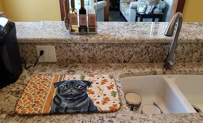 Caroline's Treasures Black Pug Heirloom Fall Dish Drying Mat Absorbent Dish Drying Mat Pad for Kitchen Counter Dish Drainer Mat for Countertop, 14 x 21", Multicolor