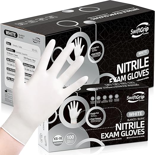 SwiftGrip Disposable Nitrile Exam Gloves, 3-mil, Large, Case of 1000, White Nitrile Gloves Disposable Latex Free for Medical, Cleaning, Cooking & Esthetician, Food-Safe, Powder-Free, Non-Sterile