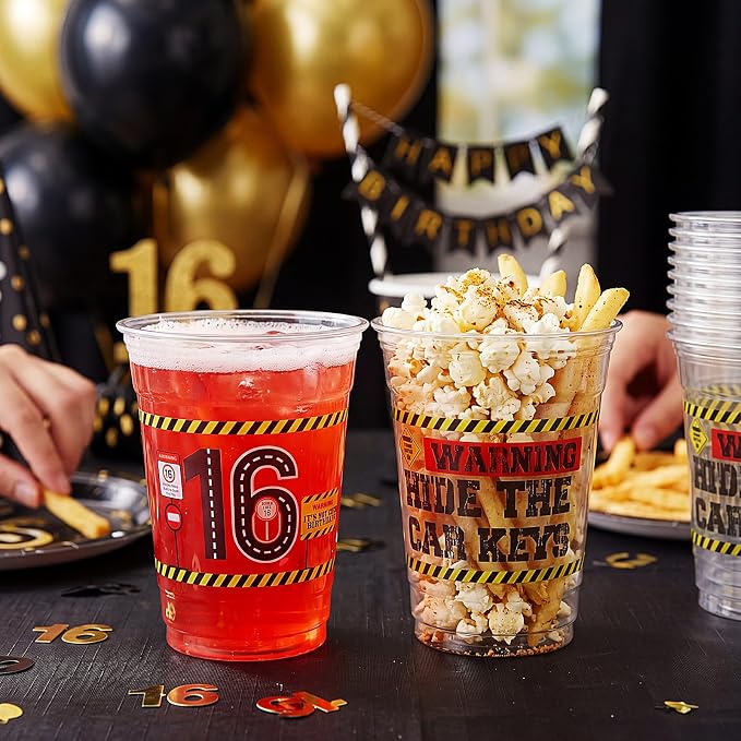 Jingmore 50 Pcs Birthday Plastic Cups 12 oz Birthday Disposable Plastic Cups Thick Clear Drinkware for Men Women Celebrate Party Supplies(16th)