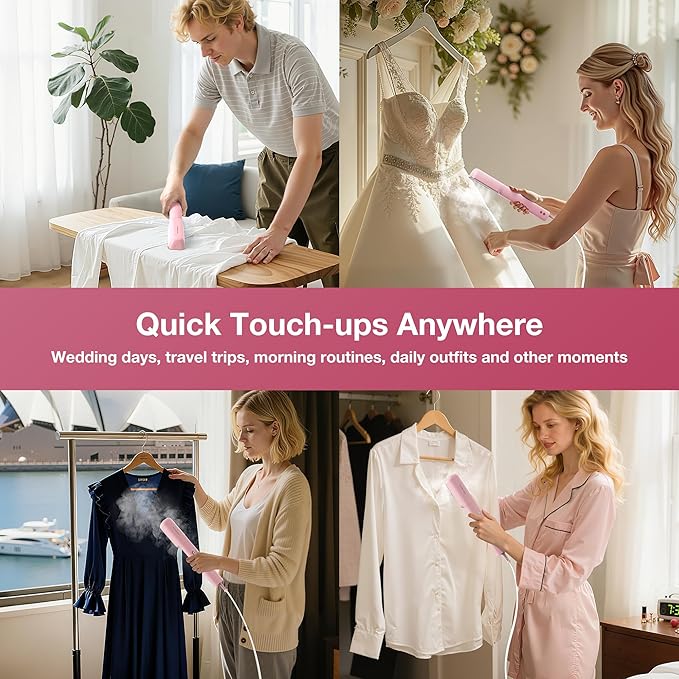 Newbealer 100-240V Clothes Steamer, 2in1 Travel Iron, 2 Steam Levels, 90ml | Portable for On-the-Go, Heats in 20s, Dry Iron No Clamp, 180° Swivel Head, 360° Leak-Proof, Auto-Off, Self-Clean, Light Pink
