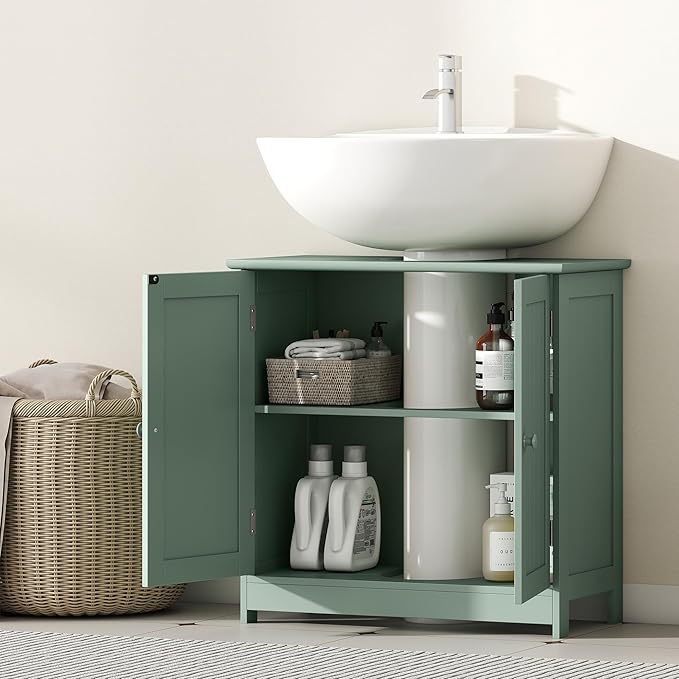 HOMCOM Under Sink Bathroom Cabinet, Pedestal Sink Storage Cabinet with 2 Doors, Shelf and U-Shape, Dark Green